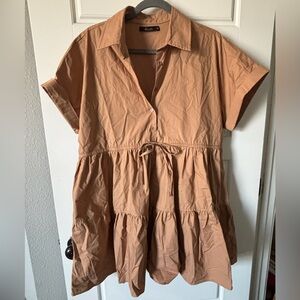 Dèluc Camel Tiered Shirt Dress Button Front Drawstring Waist Size Large